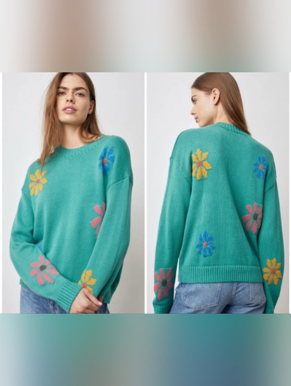 Rails Zoey Intarsia - Multi Flower Crew Neck Knit Sweater -M-